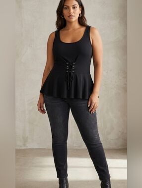 ​Express Black Ribbed Lace-Up Corset Peplum Top - Size